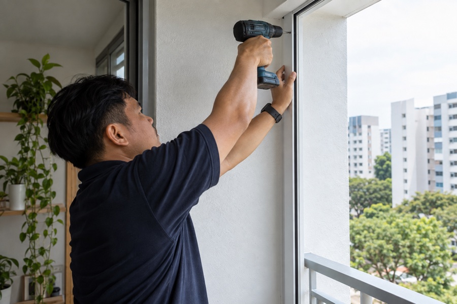 Technician fitting a grille track at a balcony opening