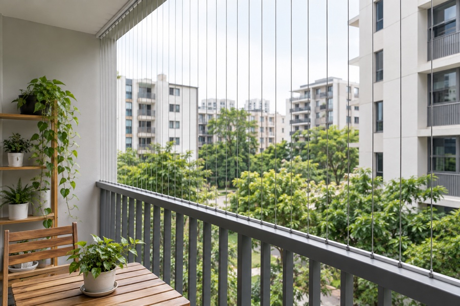 Balcony opening with slim vertical grille cables