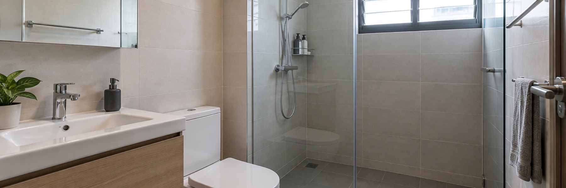 Glass shower screen in a compact home bathroom