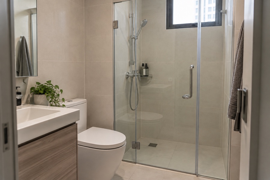 Hinged glass shower screen in a tiled bathroom