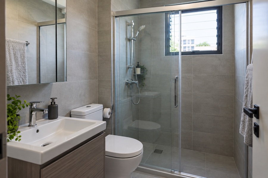 Sliding glass shower screen beside a bathroom basin
