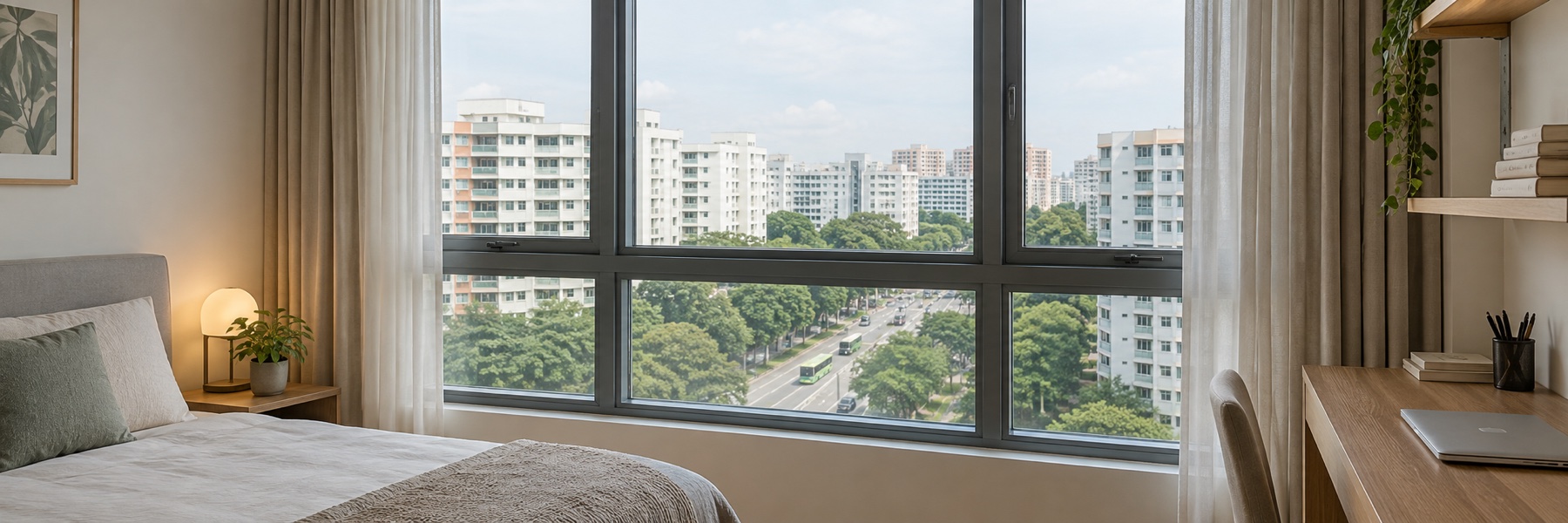 Dark-framed bedroom window overlooking residential buildings
