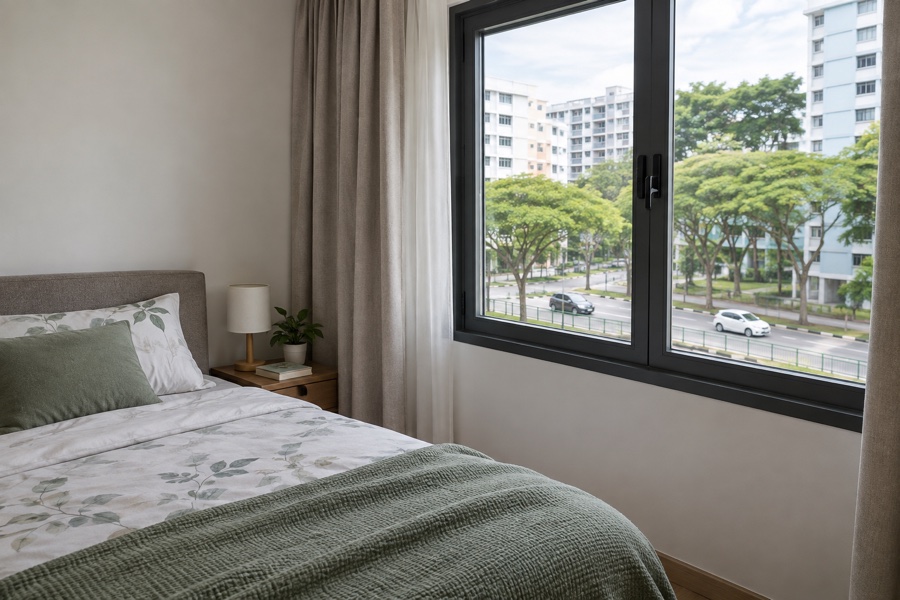 Bedroom window facing a tree-lined residential road