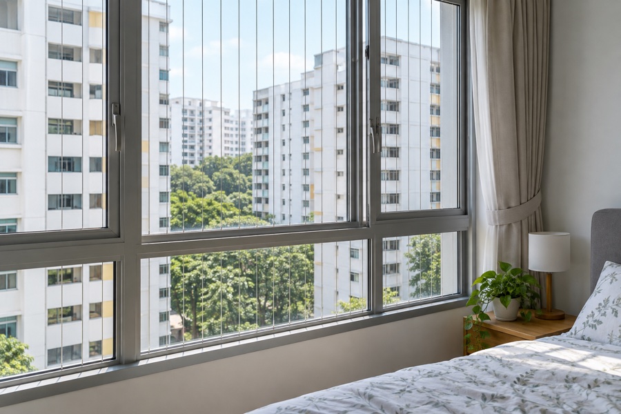 Bedroom window fitted with fine vertical grille cables