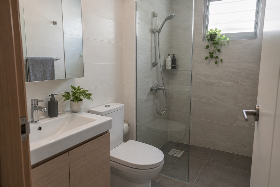 Fixed glass shower screen in a compact bathroom