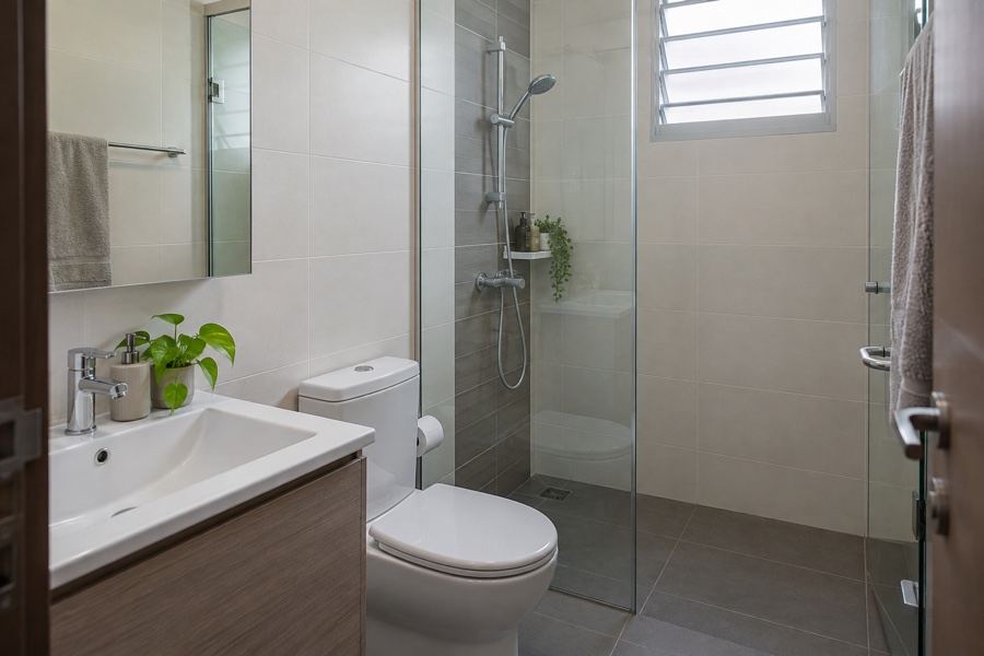 Completed glass shower screen in a compact bathroom