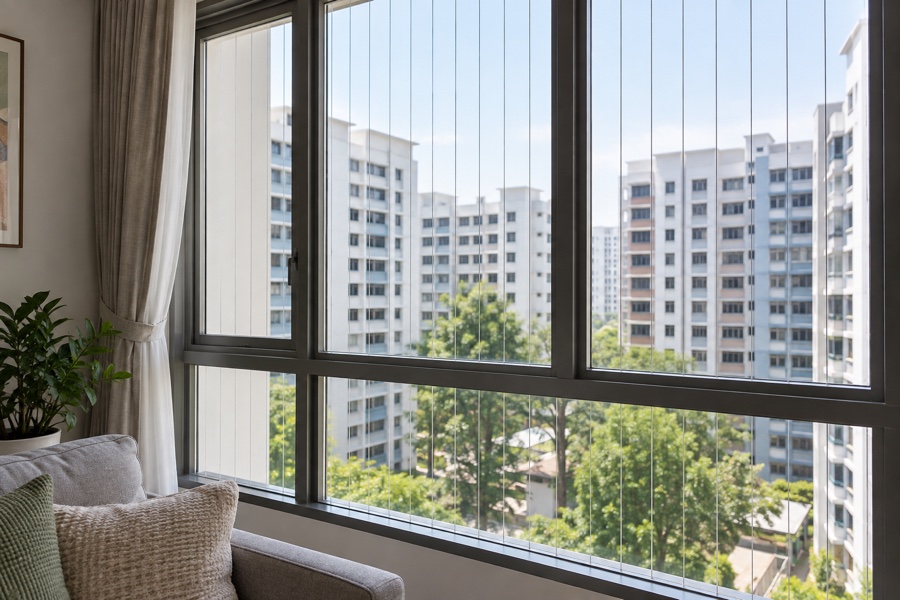 Living room window with completed fine cable grilles
