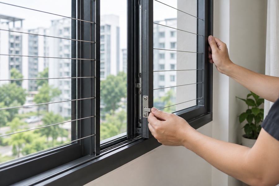 Hands checking window hardware beside fine grille cables
