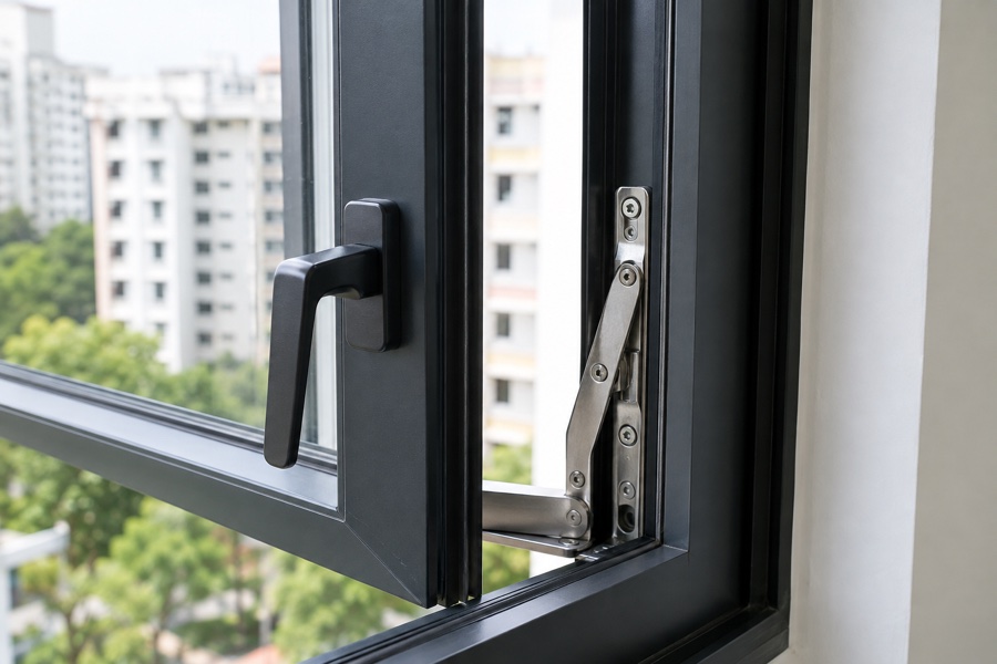 Close view of an aluminium casement window handle and hinge