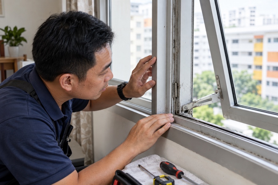 Technician inspecting a casement window hinge in an HDB flat