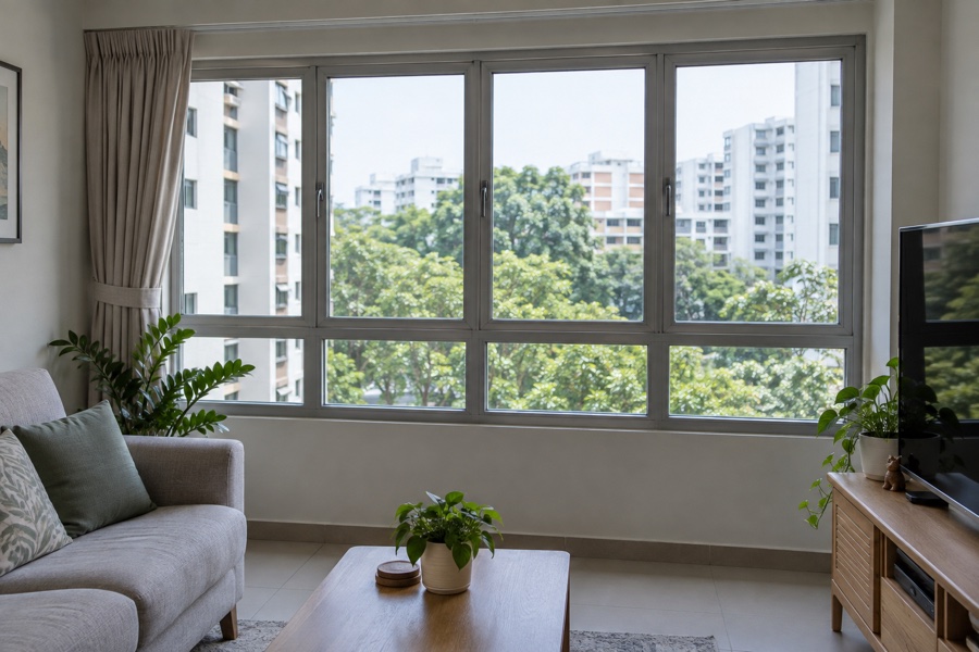 Completed aluminium windows in an HDB living room
