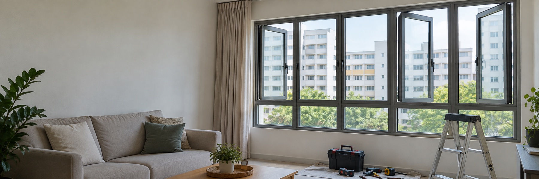 New aluminium windows in a modest HDB living room