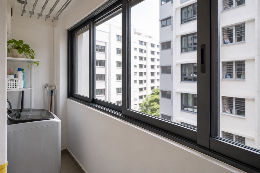 Aluminium sliding windows beside an HDB service yard