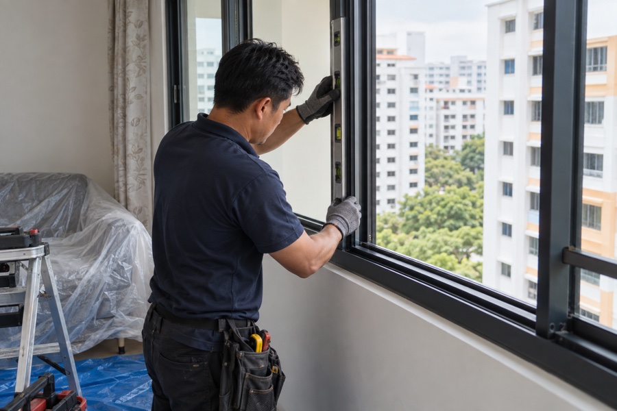 Technician aligning a new aluminium window frame