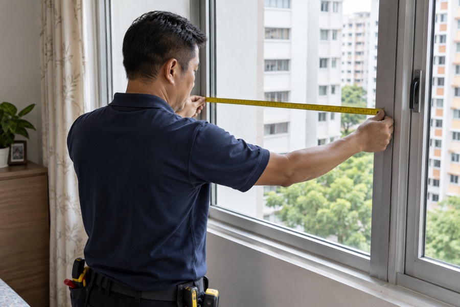 Technician measuring an HDB window opening