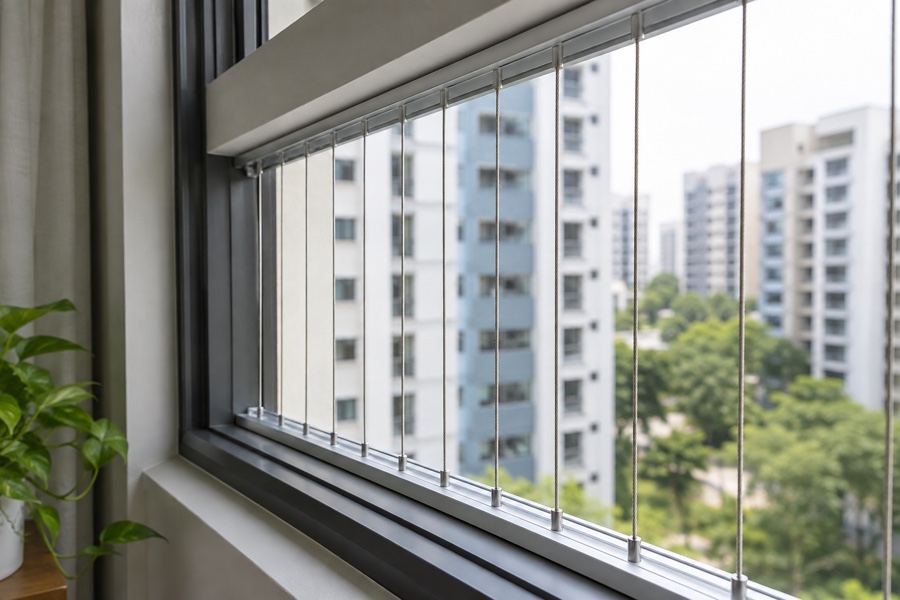 Close view of vertical grille cables and their frame