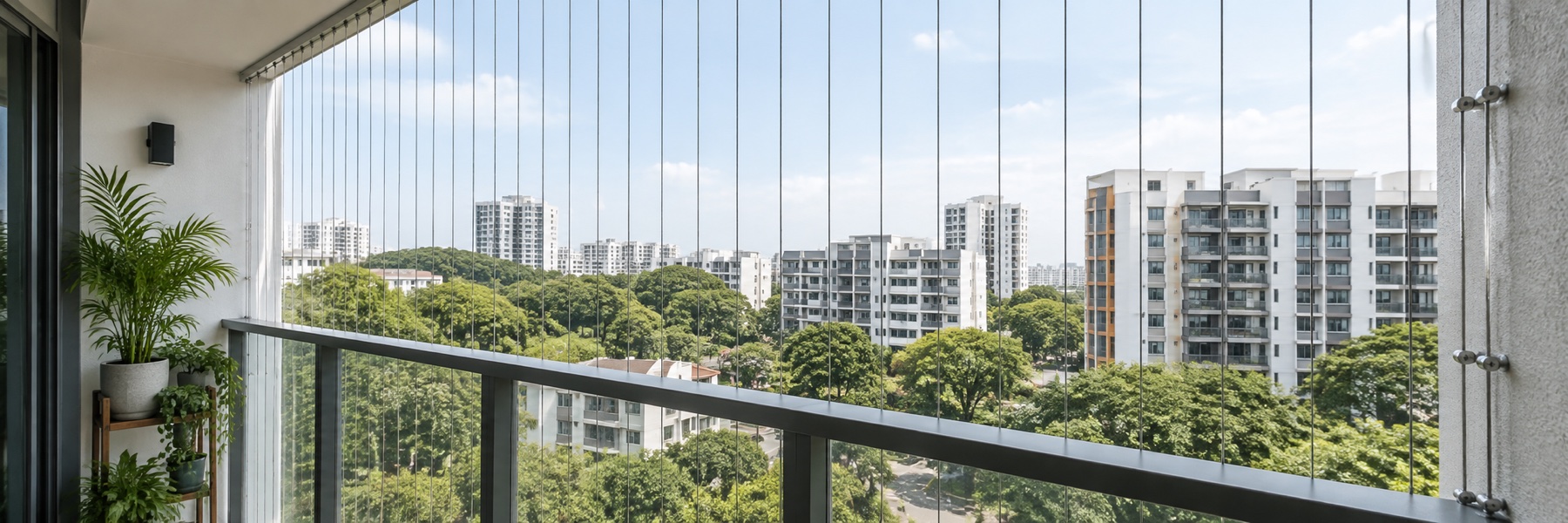 Fine vertical grille cables across a balcony opening