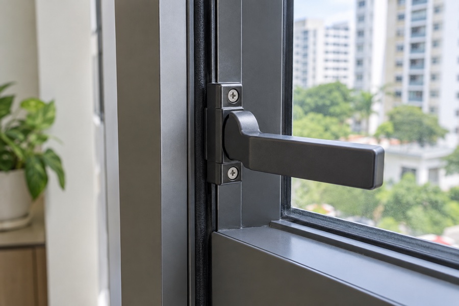 Close view of a window handle beside the frame seal