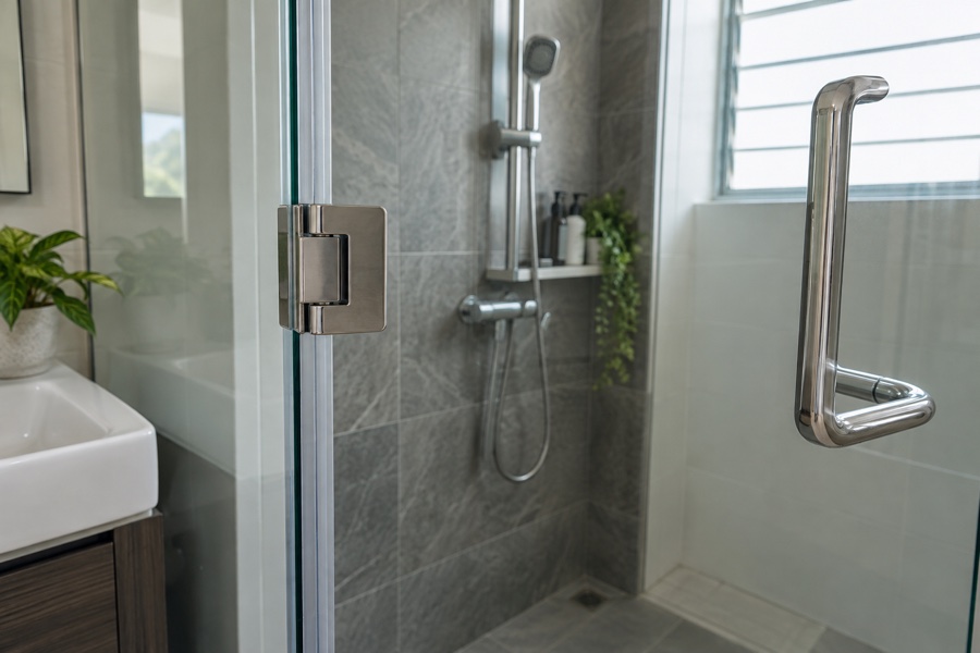 Close view of a shower screen hinge and metal handle