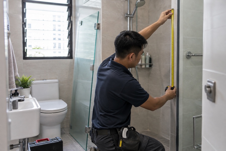 Technician measuring the opening for a glass shower screen