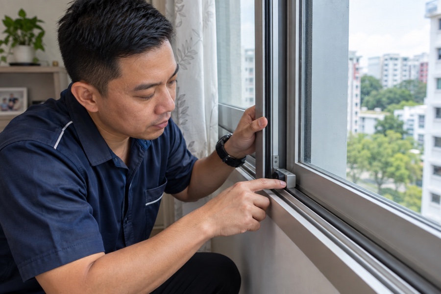 Technician inspecting a sliding window latch