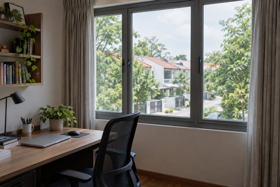 Aluminium window beside a home study desk