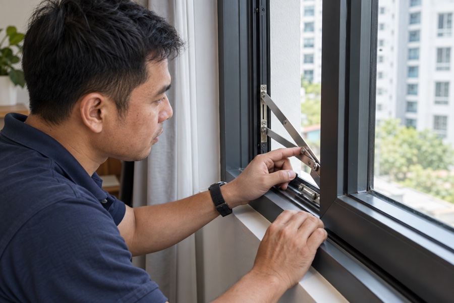 Technician checking the hinge on an aluminium casement window
