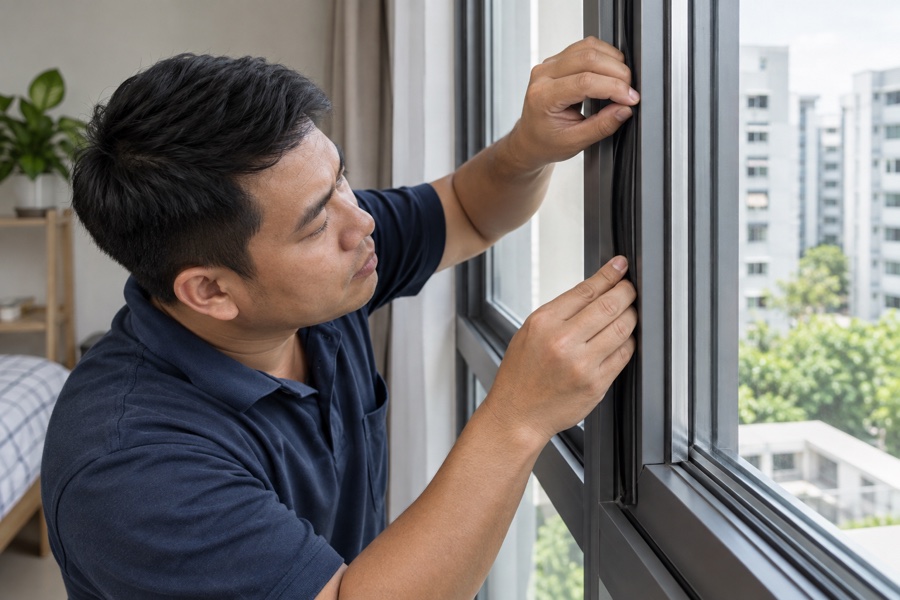 Technician checking a window gasket and frame seal