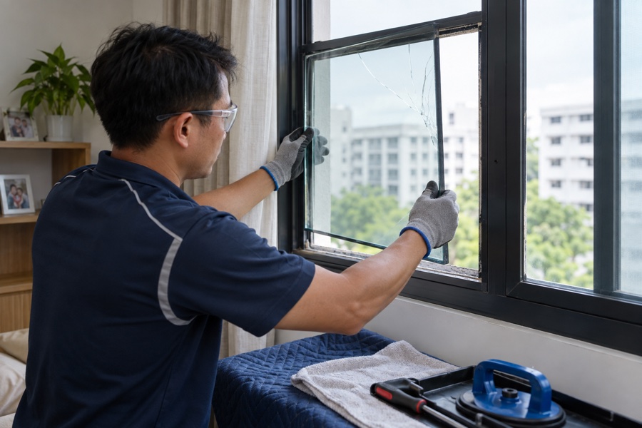 Technician handling a damaged glass pane inside a home
