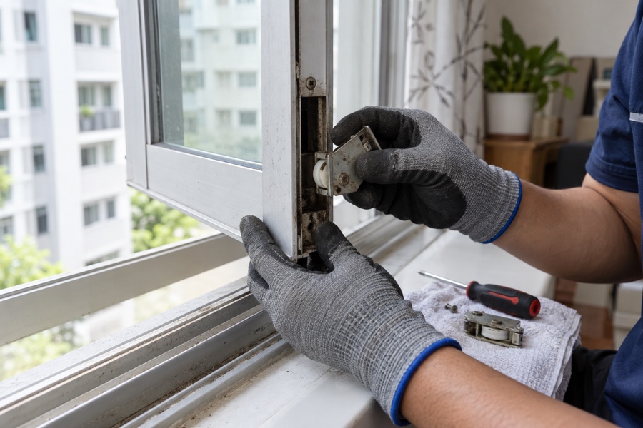 Gloved technician handling a window latch component