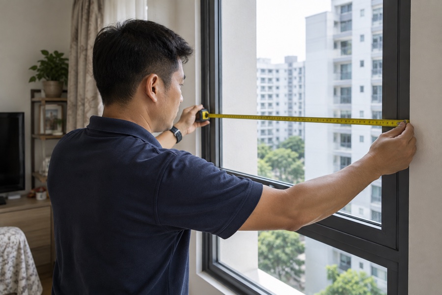 Technician measuring a window opening inside a home