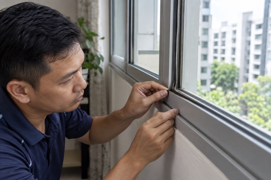 Technician checking the seal around an aluminium window