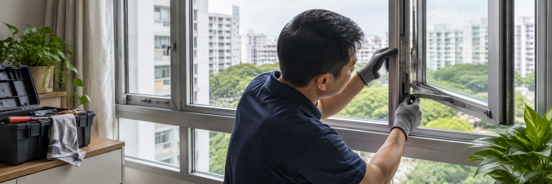 Technician inspecting an aluminium casement window
